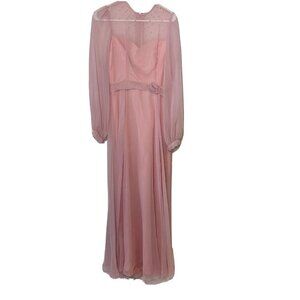 Vintage 70s 80s Chiffon Maxi Sweetheart Beaded Dress Pink 12 Bishop Sleeve USA
